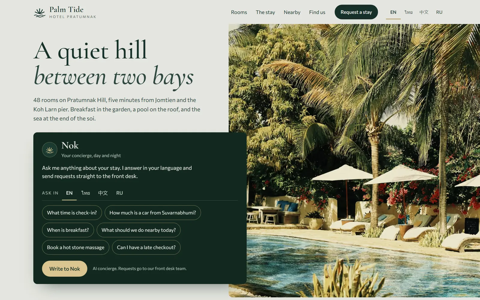 Palm Tide Hotel demo: the AI concierge on the hotel home page